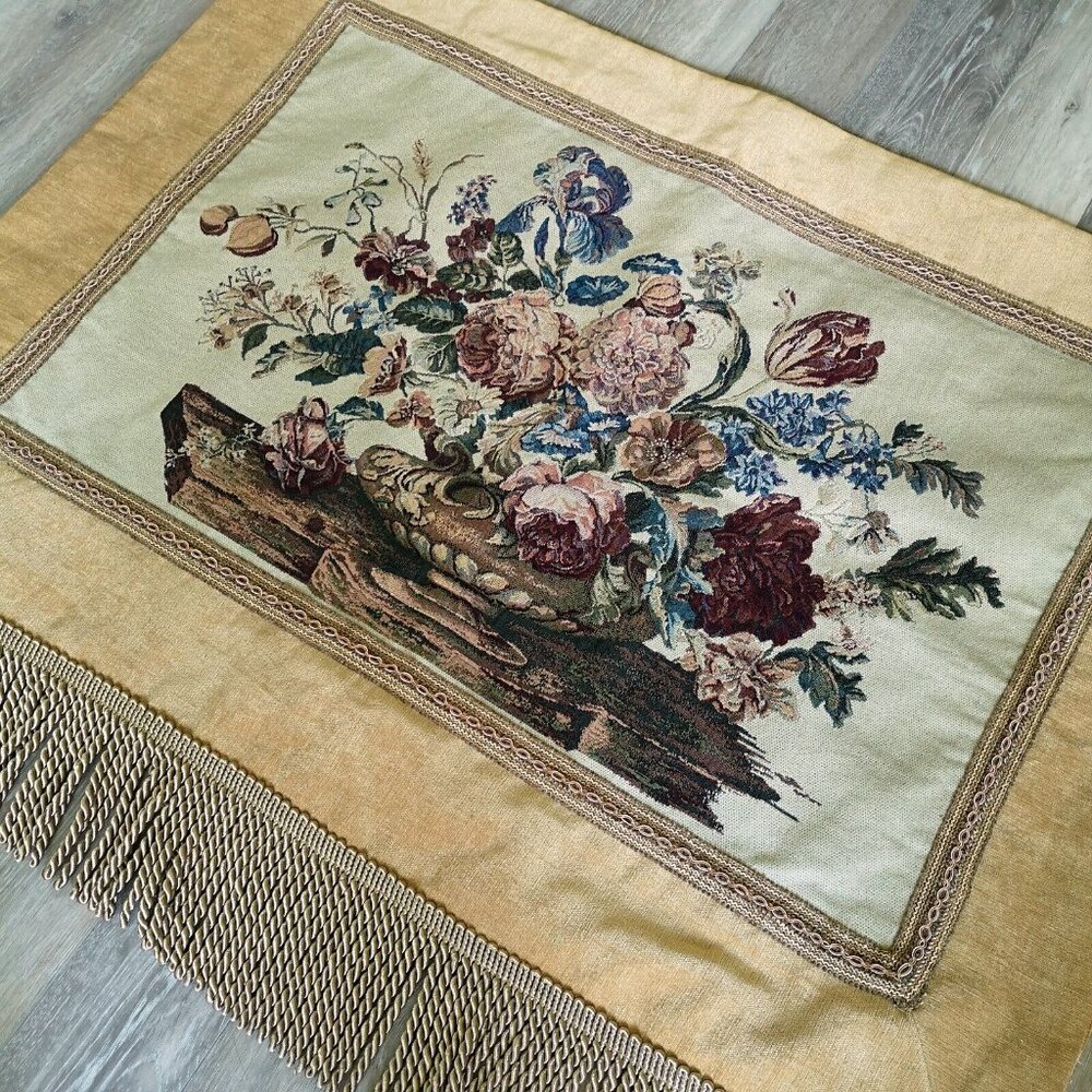 Vintage Tapestry Wall Hanging Gold Velvet Border Tassel Trim Rod Pocket